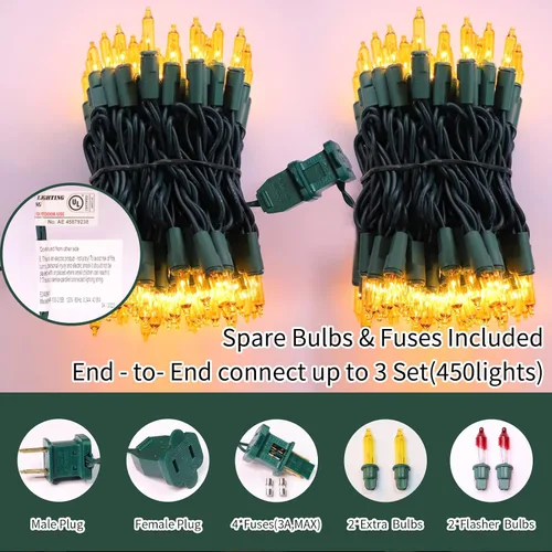 Miniatura 2 de LAMPHOME Decoración de Luces de Navidad Amarillas Extensibles Super Brillantes 150 Luces 31.9 pies Certificado UL Juego de Mini Luces de Cadena