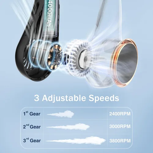 Miniatura 6 de Ventilador de cuello, ventilador portátil con vida útil de 5 a 17 horas, ventilador de cuello de 4000 mAh con 3 velocidades ajustables y 64 luces