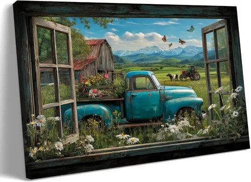 Miniatura 34 de Decoración rústica de granja en lienzo con ventana abierta, impresiones artísticas para pared, pintura de camión viejo, lienzo de granero y bandera