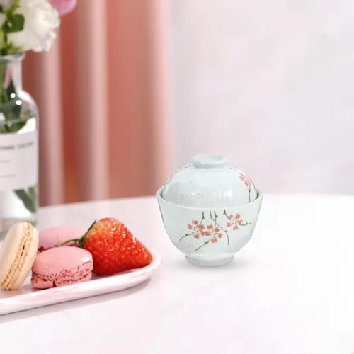 Miniatura 9 de Hemoton Cuenco de cerámica con tapa de 4.01 x 3.93 x 3.85 pulgadas, cuenco de sopa para el hogar para guisar huevo, pájaro, nido, postre y ensalada