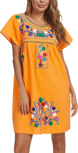 Miniatura 3 de YZXDORWJ - Vestido mexicano bordado de manga corta para mujer