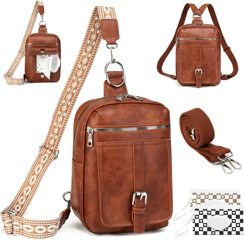 Miniatura 23 de Bolso Bandolera Mochila Cruzada - 2 en 1 Bolso Cruzado de Cuero Riñonera con 2 Correas Extraíbles Mini diaper bag Café