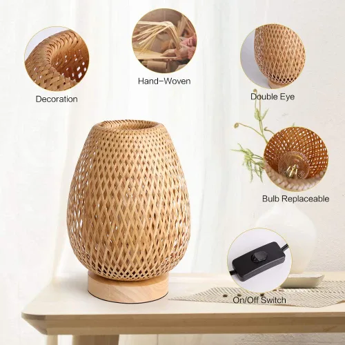 Miniatura 2 de Lámpara de mesa de tejido de bambú con base de madera natural hecha a mano, luz nocturna de noche para dormitorio, lámpara de escritorio retro, luz