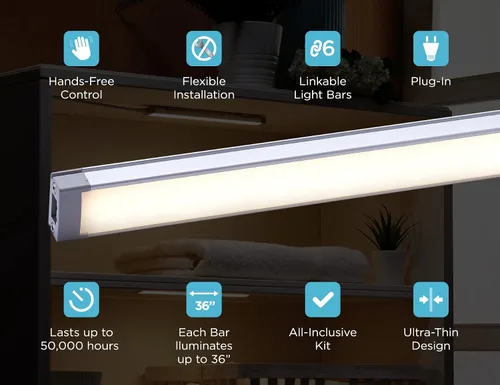 Miniatura 9 de PureOptics LED Kit de luz para debajo del gabinete, sensor de movimiento, regulable, enlazable, 3 configuraciones de color, sin herramientas