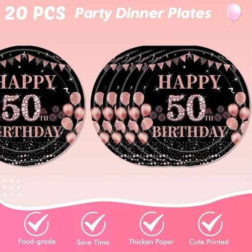 Miniatura 4 de Ryzovo 62 platos y servilletas de papel desechables de 50 cumpleaños, color negro y oro rosa, suministros de fiesta para 20 invitados, incluye 50