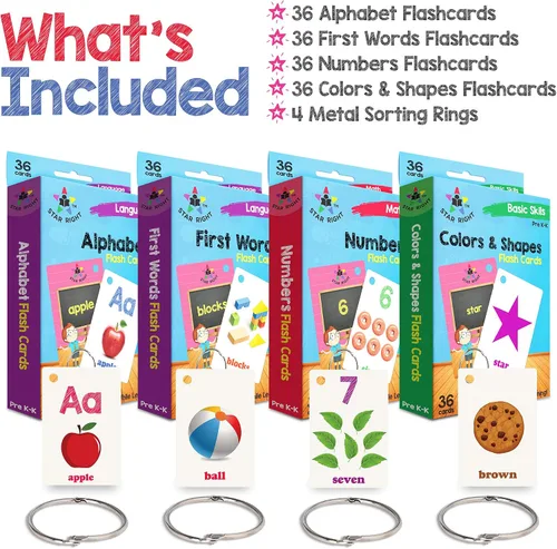 Miniatura 8 de Star Right Juego de 4 tarjetas flash – Números, alfabetos, primeras palabras, colores y formas – Paquete económico de tarjetas flash con anillos