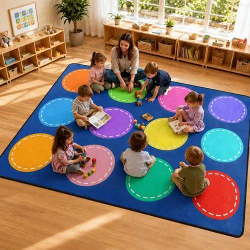 Miniatura 6 de Alfombras de juego para aula, alfombra de 5 x 7 pies para niños con parte trasera de goma, círculo colorido sobre fondo azul, alfombra de juego