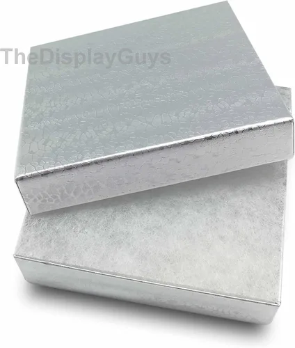 Miniatura 3 de TheDisplayGuys - Paquete de 100 cajas de cartón rellenas de algodón #33 para joyas, papel de aluminio plateado (3.5 x 3.5 x 1.0 pulgadas)