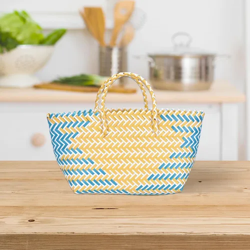 Miniatura 2 de Bolso tejido a mano para mujer, gran capacidad, a rayas, con correa cilíndrica, cesta de picnic duradera para almacenamiento al aire libre