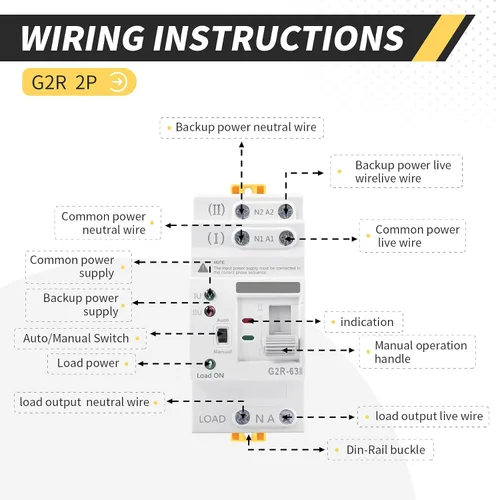 Miniatura 3 de Mini ATS AC Interruptor de transferencia automática/manual 2P 63A 110V, ATS de transferencia manual para fuente de alimentación ininterrumpida