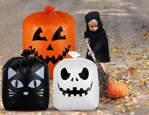 Miniatura 4 de Giiffu Paquete de 9 bolsas de hojas de Halloween con lazos giratorios, bolsas de basura de calabaza resistentes para césped, jardín, porche