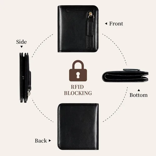 Miniatura 3 de Cartera pequeña para mujer, con bloqueo RFID, de cuero, plegable, compacta, tarjetero para mujer, con cremallera, bolsillo para monedas, ventana