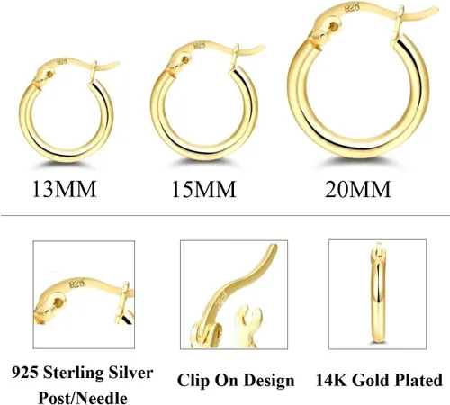 Miniatura 5 de 14K Gold Plated Hoop Earrings for Women, 4 Pairs Sterling Silver Post Small Hoops, Gold Huggie Earrings Set for Women Men (13mm 15mm 20mm 25mm)