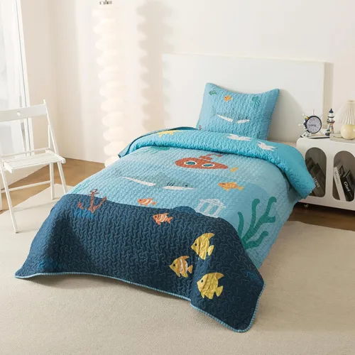 Miniatura 6 de Soul & Lane Juego de Edredón Oceánico – Queen y 2 Fundas, Ropa de Cama Acolchada Ligera del Mar para Niños, Edredón Náutico Costero con Diseño