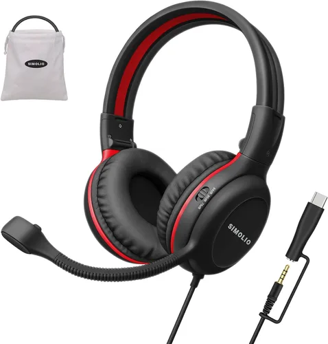 Miniatura 15 de SIMOLIO Audífonos para niños con micrófono para la escuela, auriculares con cable de 75/85/94 dB con micrófono retráctil para iPad, PC, laptop