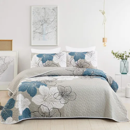 DJY Juego de edredón de 3 piezas, tamaño completo, diseño floral azul, elegante colcha bohemia con 2 fundas de almohada, juego de edredón ligero con