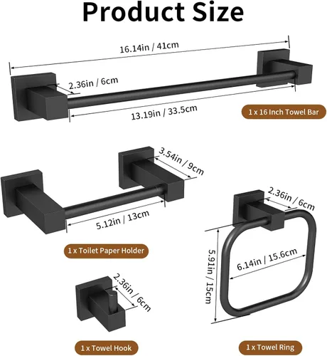 Miniatura 4 de Juego de 4 accesorios de baño negro mate, juego de toallas de baño de 16 pulgadas con soporte para papel higiénico, toalleros de acero inoxidable