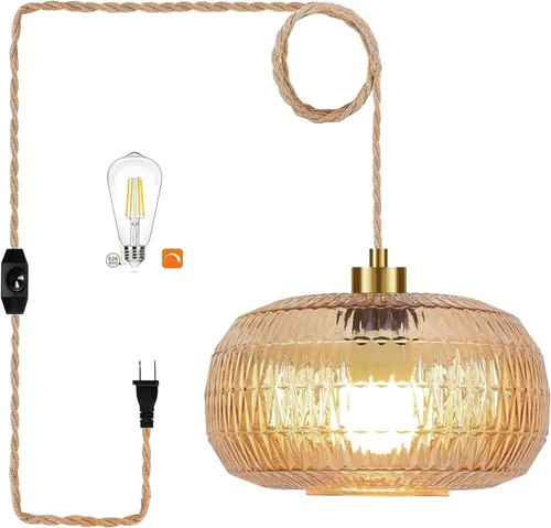 Miniatura 11 de Lámpara colgante de ratán para enchufar, con cable de enchufe, lámpara colgante de bambú regulable, tejida a mano estilo bohemio, pantalla