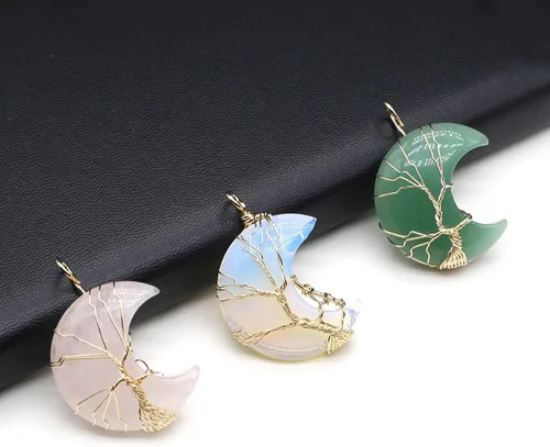 Miniatura 3 de 4 colgantes de piedra natural, forma de luna, chakra, cristal, ágata, alambre de piedra, tejer, diseño de árbol de la vida para hacer joyas