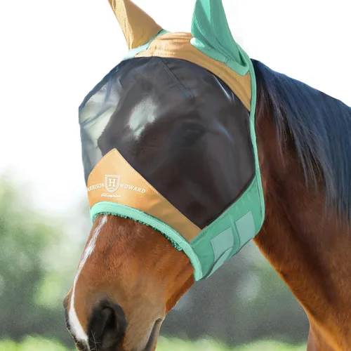 Miniatura 15 de Harrison Howard Máscara de mosca de caballo luminosa profesional estándar con orejas, protección UV, para caballos, azul y plateado, mazorca mediana