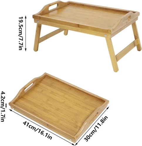 Miniatura 3 de KKTONER Bandeja de mesa de cama de bambú con patas plegables, bandeja de desayuno para cama con patas plegables para comer y portátil, bandejas
