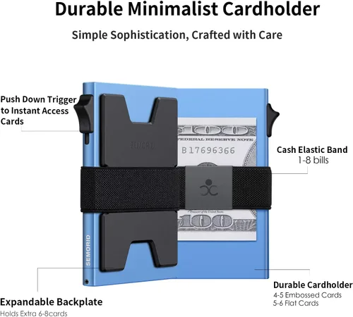 Miniatura 5 de SEMORID Cartera delgada de aluminio con tarjetero para hombre, Botón azul realB, Cartera Rfid minimalista para hombre