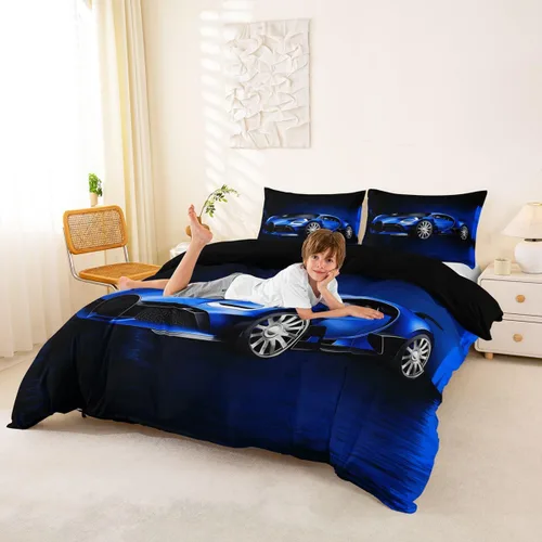 Miniatura 4 de Feelyou Juego de funda de edredón de coche deportivo, juego de ropa de cama azul de carreras para niños y niñas, funda de edredón de deportes