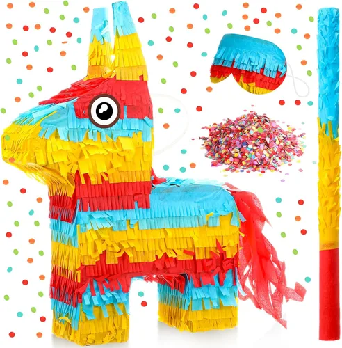 Lenwen Donkey Piata - Paquete de 16 x 10 x 3 pulgadas con palo, venda y confeti para fiesta mexicana, cumpleaños de niños, decoración de fiesta de