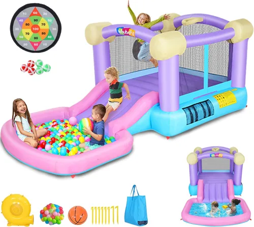 Whubefy Casa inflable rosa para niños de 2 a 8 años con tobogán, pozo de bolas y 50 bolas oceánicas, castillo de salto de 161 x 82 x 63 pulgadas con