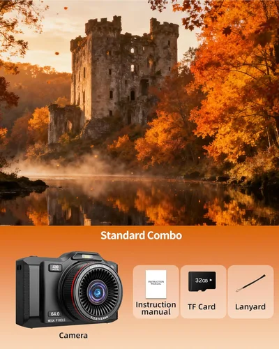 Miniatura 9 de Cámara digital, cámara de enfoque automático 4K 64MP con doble lente, zoom 18X/WiFi/tarjeta de 32 GB, cámaras de apuntar y disparar para regalos