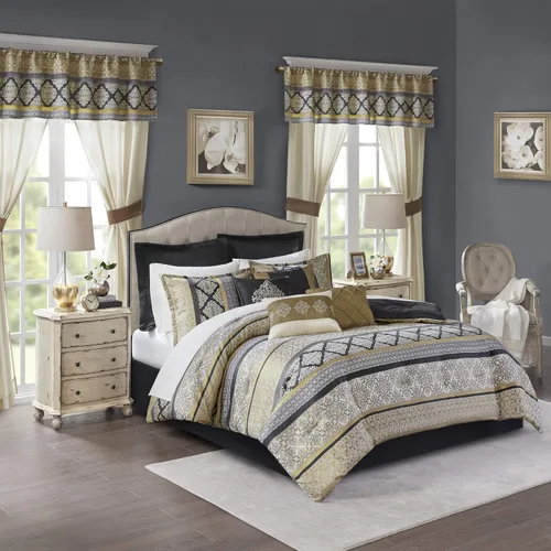 Madison Park Essentials Windsor - 24 piezas para habitación, jacquard satinado, para todas las estaciones, negro/dorado, tamaño Queen (90 x 90