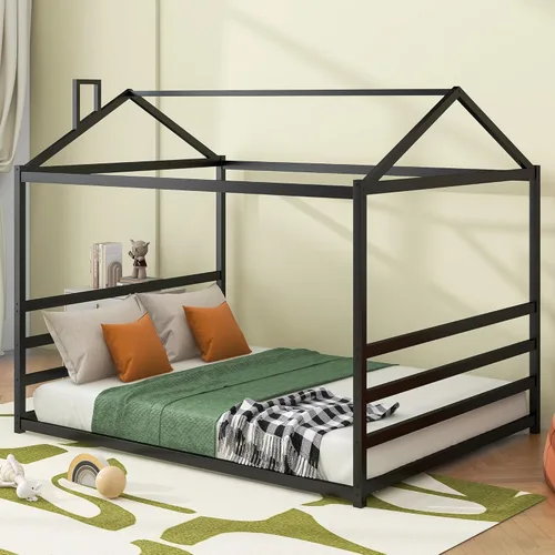 Miniatura 21 de Cama de metal de tamaño matrimonial con valla para niños, adolescentes, niñas, niños, cama de piso de casa, camas Montessori, se puede decorar marco