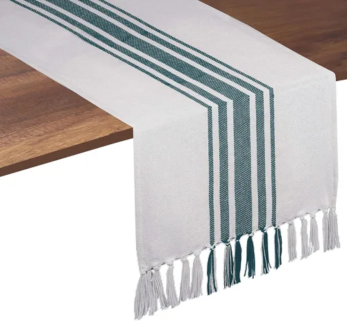 Native Fab Camino de mesa verde azulado de 72 pulgadas de largo – Fundas de mesa bohemias a rayas con flecos – 100% algodón, tejido apretado, mantel