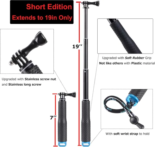 Miniatura 2 de Extensión corta de 19 pulgadas, mango compacto, mango compacto, ajustable, impermeable, monopié compatible con GoPro Hero 13, 12, 11, 10, 9, 8, 7