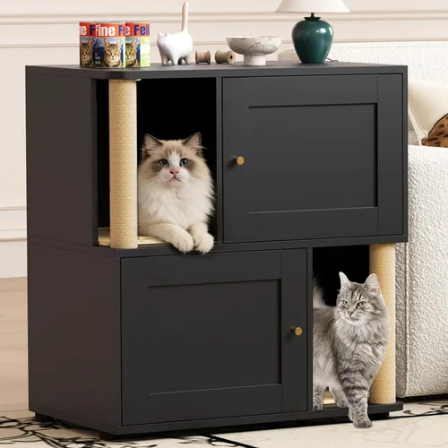 Caja de arena para gatos para 2 gatos, armario de metal oculto doble con poste rascador para gatos, muebles grandes para baño de mascotas, mesa