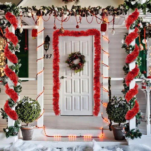 Miniatura 6 de Boao Guirnalda de oropel rojo de Navidad de 39.6 pies para decoración de árbol de árbol con purpurina metálica brillante, decoración colgante