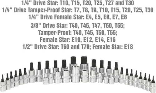 Miniatura 4 de OEMTOOLS 23991 Juego de 35 piezas de llaves de estrella multiaccionamiento, juego de dados Torx con bandeja de espuma EVA, diseñado para caber