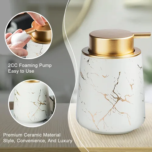 Miniatura 2 de YYW Dispensador de jabón de manos espumoso de mármol, cerámica de 13.5 onzas, dispensador de cabezal de bomba grande lindo para cocina y baño Blanco