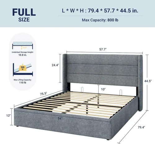 Miniatura 2 de Allewie Cama de Almacenamiento Elevable Tamaño Completo, Cabecera Moderna Wingback, Soporte Hidráulico, No Necesita Somier, Azul Gris Gris azulado