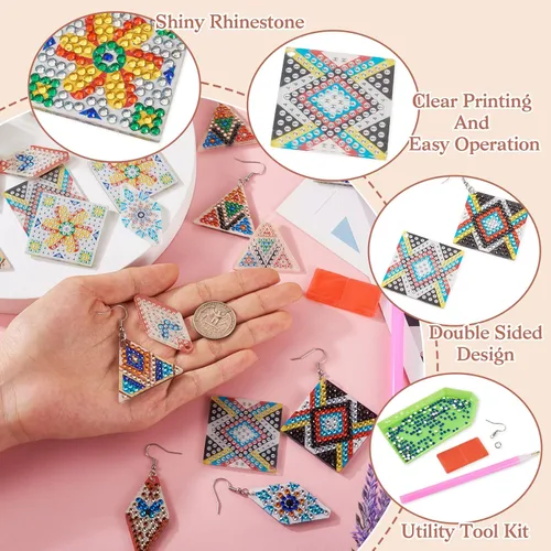 Miniatura 5 de Spritewelry Juego de 6 pares de aretes de pintura de diamantes, juego de aretes de arte de diamante con mosaico de mano 5D, aretes bohemios vintage