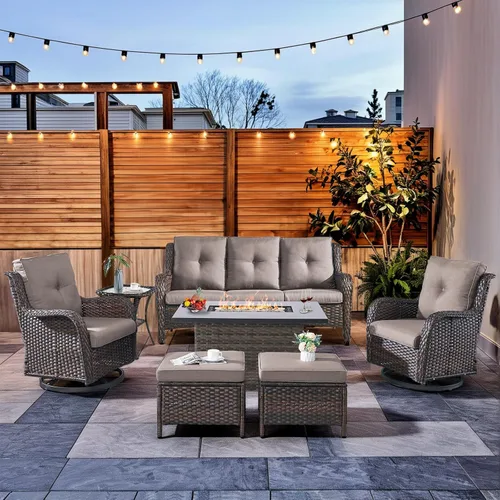 Miniatura 34 de HUMMUH Sillas Mecedoras Giratorias de Mimbre para Patio Exterior con Respaldo Alto, Sillas Deslizantes de Ratán PE, Juego de Muebles de Patio de 4