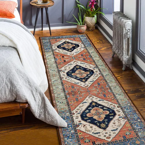 Miniatura 7 de Beeiva Alfombra de pasillo lavable oriental con medallón tribal vintage de 2 x 7 pies con respaldo de goma, medallón tribal vintage no Óxido/Azul