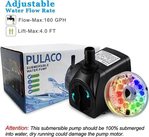 Miniatura 2 de PULACO Bomba de fuente pequeña de 160 GPH, bomba sumergible de 10 vatios con luz LED automática que cambia de color y tubo de 3.3 pies