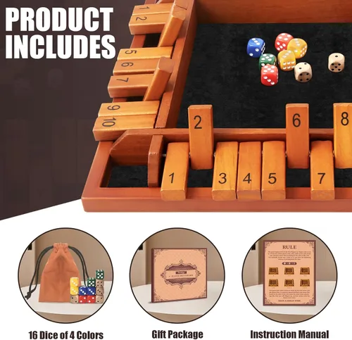 Miniatura 2 de Toidgy - Juego de mesa de dados Shut The Box para 4 jugadores, juego de mesa de madera con 12 dados y instrucciones, juego de mesa clásico de cerrar