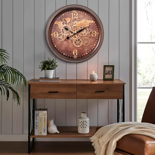 Miniatura 6 de CLXEAST Reloj de pared grande de 24 pulgadas con engranajes móviles, relojes industriales con esfera de mapa del mundo, reloj de pared fresco
