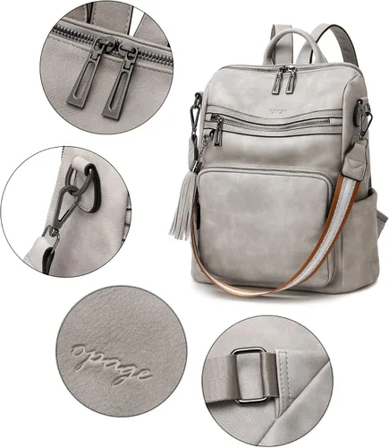 Miniatura 4 de OPAGE - Mochila de cuero para mujer, con borla de moda, bolso de hombro, mochila grande, bolsa de viaje, gris, L