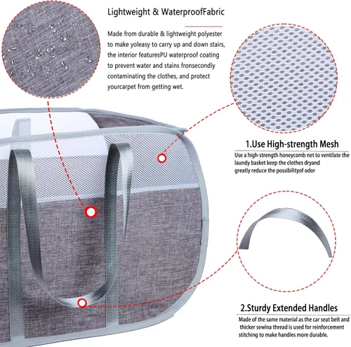 Miniatura 6 de Cesta de lavandería desplegable, de malla, con correas extendidas para los hombros, asas resistentes y tela catiónica de primera calidad (gris)