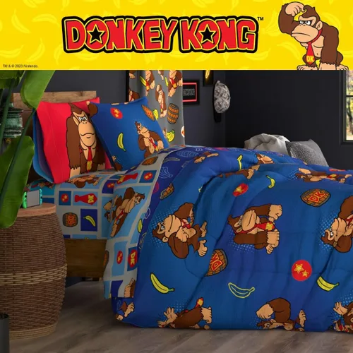 Miniatura 8 de Franco - Juego de ropa de cama coleccionable Nintendo Donkey Kong, 5 piezas, edredón reversible supersuave y juego de sábanas con funda, tamaño Rojo