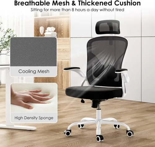 Miniatura 7 de Silla de oficina ergonómica con reposacabezas ajustable y soporte lumbar, silla de escritorio de malla de respaldo alto con reposabrazos abatibles