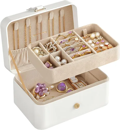 Miniatura 32 de SONGMICS Caja organizadora de joyas, estuche de viaje de 2 capas para aretes, collares, pulseras, almacenamiento portátil de joyas con gran Verde